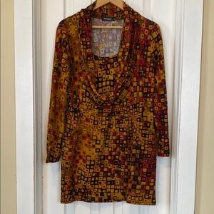 Papa Vancouver Geometric Long Tunic Cowl Neck Earthy Tones Long Sleeved Pockets